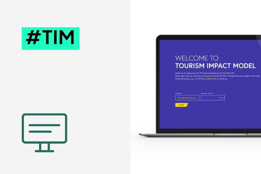 A laptop screen displaying the login page for the Tourism Impact Model next to the hashtag #TIM.
