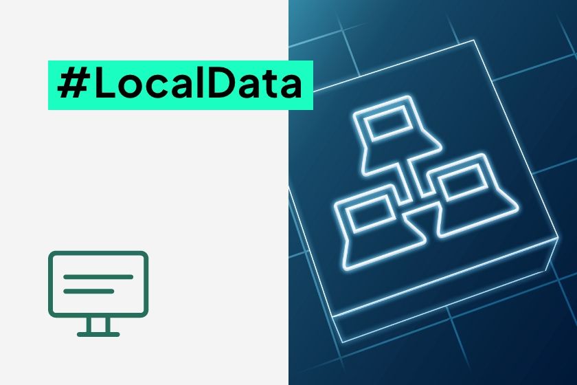 A glowing neon blue diagram of three interconnected computers on a grid background, next to the hashtag #LocalData.