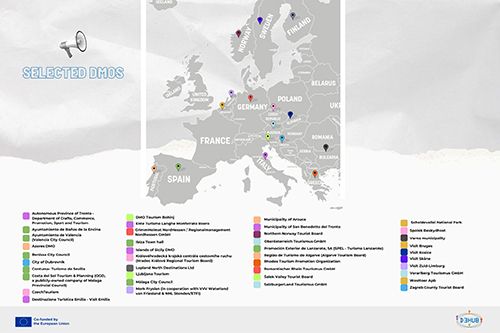 A map of Europe showing selected Destination Management Organisations marked across multiple countries with a colour‑coded legend.