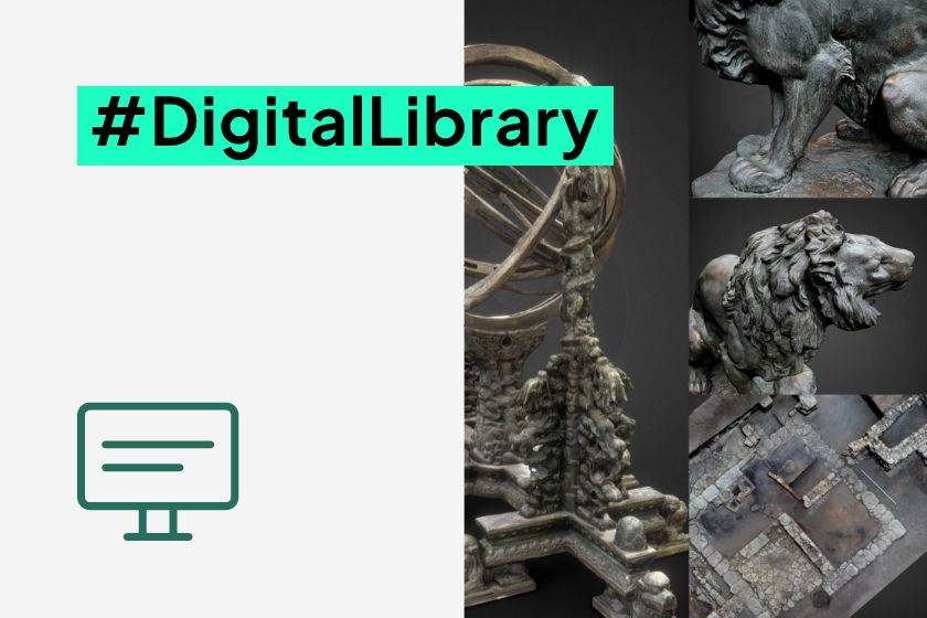 #DigitalLibrary banner featuring a computer icon and 3D models of an armillary sphere, lion statues, and an archaeological site