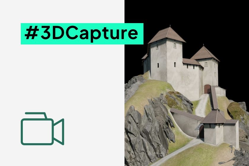 Graphic for #3DCapture with a video camera icon and a high-fidelity 3D rendering of a historic fortress against a black background.