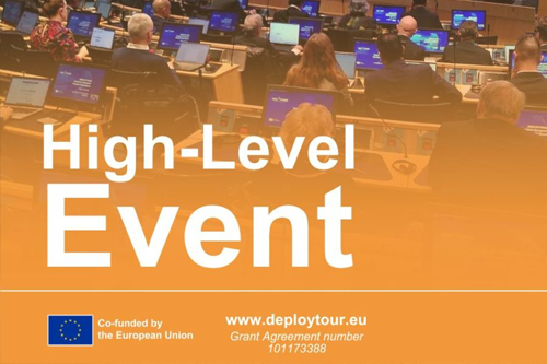 Graphic for a \"High-Level Event\" with an orange-tinted background image of a large conference hall. The footer includes the EU co-funding logo, the website www.deploytour.eu, and a grant agreement number.
