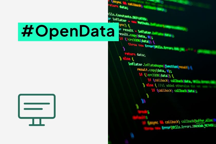 A close-up of colorful computer code on a dark screen next to the hashtag #OpenData and a monitor icon.