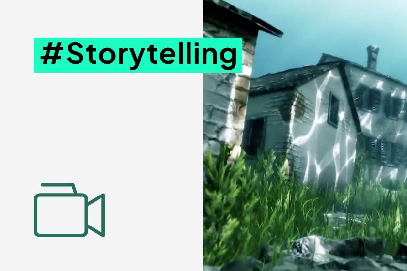 #Storytelling promotional banner featuring a historic house seen through moving water with light reflections.