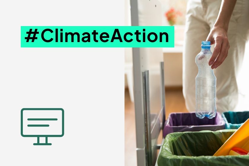 Person sorting waste into a recycling bin with the text #ClimateAction.