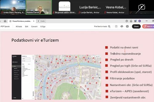 A screenshot of a virtual meeting showing a presentation slide titled \"Podatkovni vir eTurizem\" with a map of Ljubljana and a list of data features.