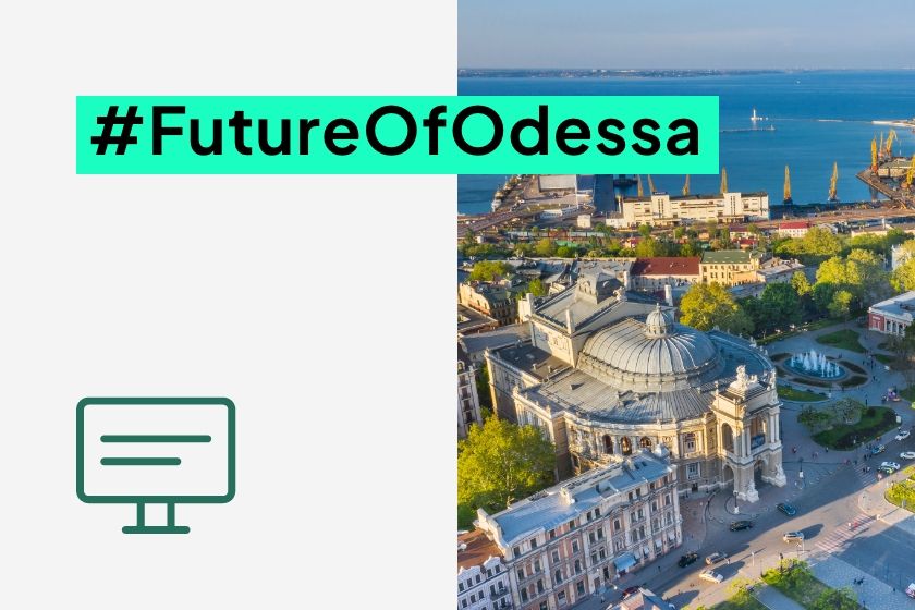 Aerial view of the Odessa Opera House and the city port by the sea, featuring the hashtag #FutureOfOdessa.