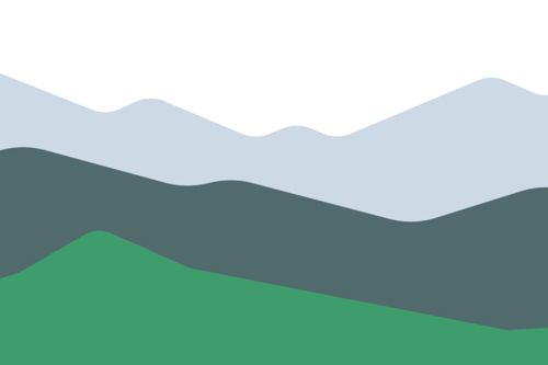 Beyond Snow - minimalist landscape illustration with layered hills in green and grey tones and pale blue mountains in the background.
