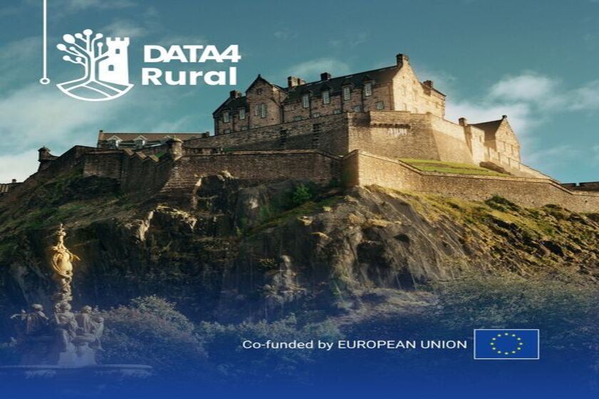 castle on top of a hill, green surroundings, in the top left corner there is the data4rural logo